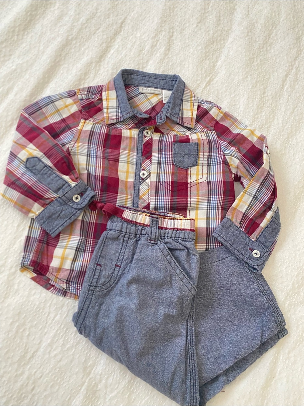 First Impressions Red Plaid Button-Down Shirt with Blue Chambray Pants